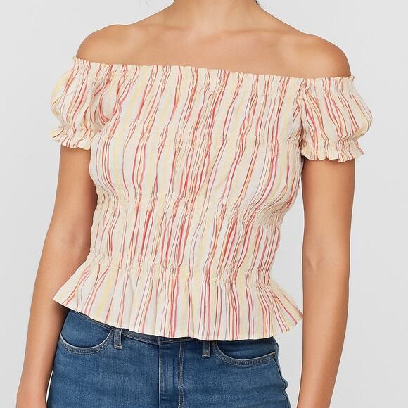 Vintage Y2K 2000s Express Pink Striped Smocked Cropped Off Shoulder Crop Top 7/8 - Picture 1 of 6